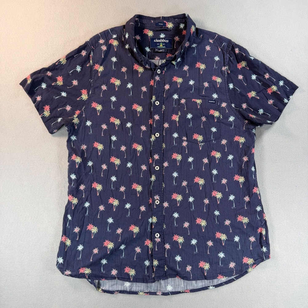 Chubbies Mens XL Friday Shirt Navy Blue Tropical Palm Tree Short Sleeve Rayon